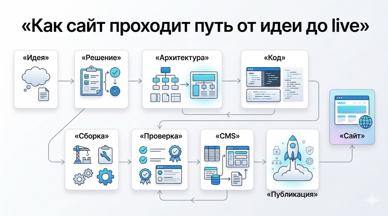 Схема пути сайта от идеи до live: идея, решение, архитектура, код, сборка, проверка, CMS и публикация