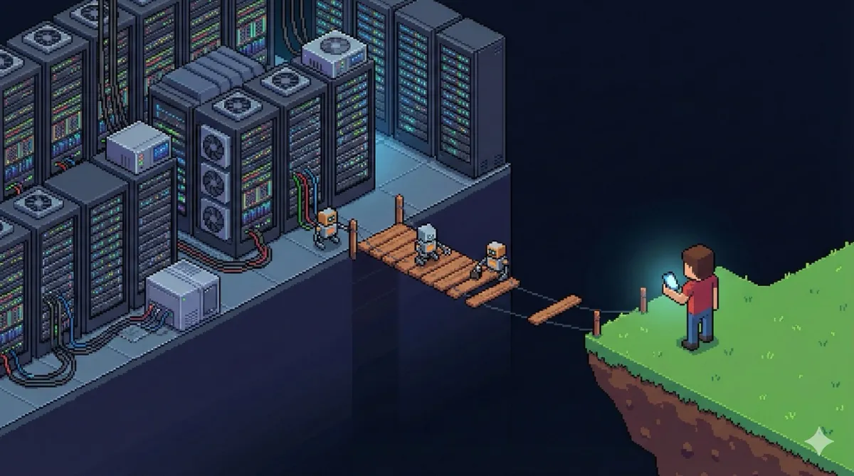 🎨 [ПРОМПТ]: Isometric pixel art of a character stats screen floating above a real desk with a laptop and coffee, showing XP bars and skill levels, 16:9 aspect ratio, no text, no writing, no letters, tech blog cover