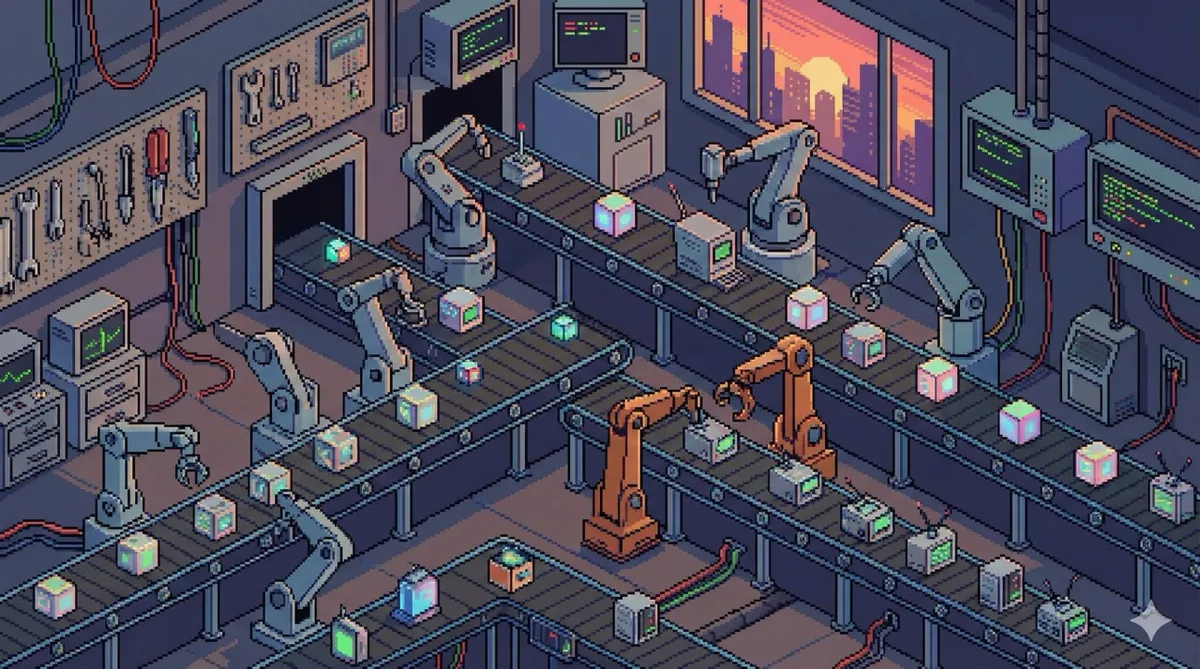 🎨 [ПРОМПТ]: Isometric pixel art of five small shops side by side on a street, each with a different AI robot working inside visible through the window, 16:9 aspect ratio, no text, no writing, no letters, tech blog cover