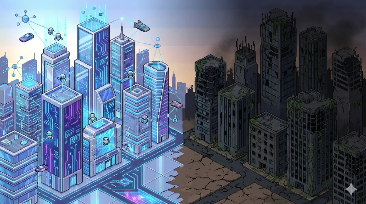Isometric pixel art of a futuristic city skyline where some buildings are powered by glowing AI agent networks and others are dark and crumbling, 16:9 aspect ratio, no text, no writing, no letters, tech blog cover