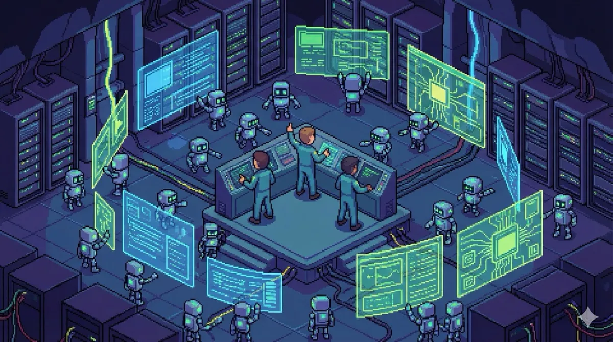 Isometric pixel art of a small team of three engineers directing dozens of robot agents working on glowing digital workspaces, overhead view, 16:9 aspect ratio, no text, no writing, no letters, tech blog cover
