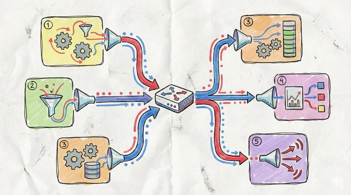 🎨 [ПРОМПТ — Workshop Style]: Hand-drawn marker-style conceptual diagram on textured paper of a modular system where a small central router box sends data through arrows to different specialized stations, hand-colored pastel fills, red and blue marker accents, numbered panels showing the routing logic, analog paper grain, wobbly ink lines, visual metaphor with funnels and flow paths, 16:9 aspect ratio, no text, no writing, no letters, tech blog cover