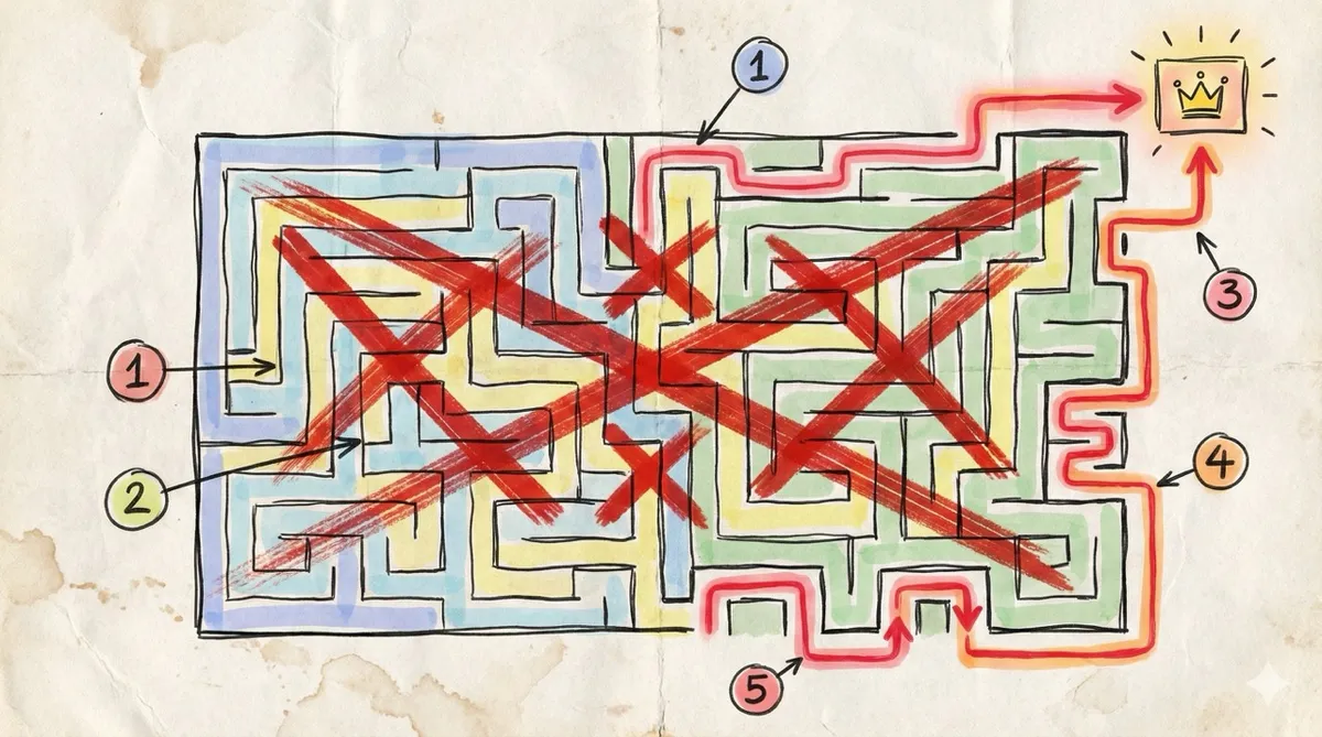🎨 [ПРОМПТ — Workshop Style]: Hand-drawn marker-style conceptual diagram on textured paper of a maze where the center paths are crossed out with red marker and only the unconventional edge routes lead to a highlighted goal, wobbly ink lines, pastel marker fill, analog paper grain, visual metaphor for contrarian thinking, dry brush textures, numbered annotations, 16:9 aspect ratio, no text, no writing, no letters, tech blog cover