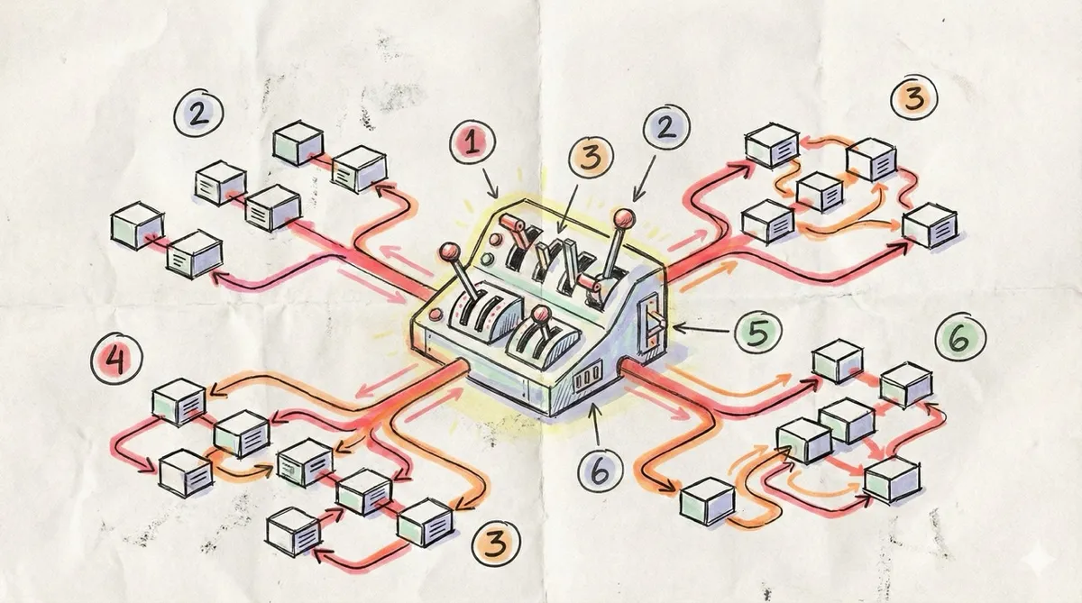 🎨 [ПРОМПТ — Workshop Style]: Hand-drawn marker-style conceptual diagram on textured paper of a glowing control panel with clearly labeled switches and gates routing different tasks to different processing units, sketchy ink outlines with red marker accents, pastel marker shading, numbered callouts, analog paper grain texture, visual metaphor with levers and flow arrows, 16:9 aspect ratio, no text, no writing, no letters, tech blog cover