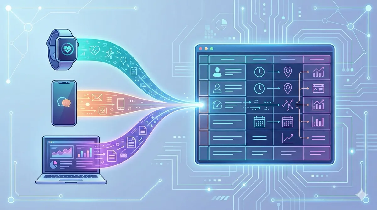 🎨 [ПРОМПТ]: Analytical, precise, pedagogical, structured, professional illustration of three data streams flowing from a smartwatch, a phone, and a laptop screen converging into a single structured database card, 16:9 aspect ratio, no text, no writing, no letters, tech blog cover