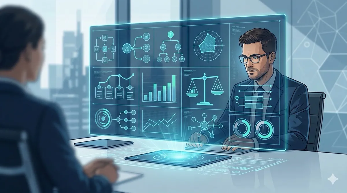 🎨 [ПРОМПТ]: Analytical, precise, pedagogical, structured, professional illustration of a person at a negotiation table with an AI advisor displaying strategic tips on a clean structured screen, 16:9 aspect ratio, no text, no writing, no letters, tech blog cover