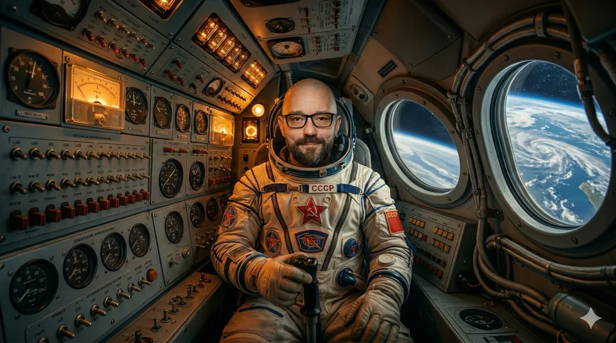 Take this photo and transform the person into a legendary 1970s Soviet cosmonaut preparing for launch. Dress them in a full vintage space suit with the USSR emblem on the chest, place them inside a cramped retro rocket cockpit lit by analog dials and warm amber instrument light. Keep the person's face exactly as it is — same expression, same features. Cinematic, photorealistic, IMAX quality.