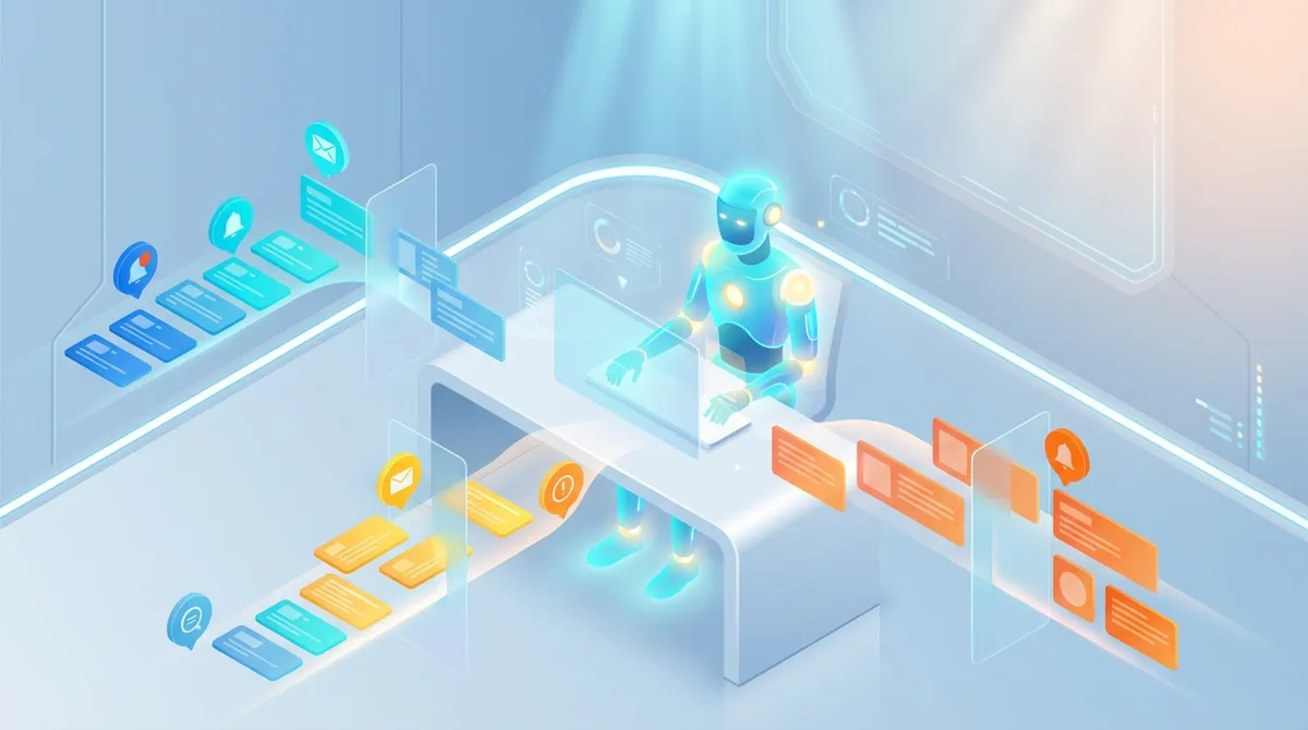 🎨 [ПРОМПТ]: Analytical, precise, pedagogical, structured, professional illustration of a glowing AI robot assistant sitting at a desk surrounded by dozens of floating task cards and notification bubbles, organized into color-coded pipelines, 16:9 aspect ratio, no text, no writing, no letters, tech blog cover