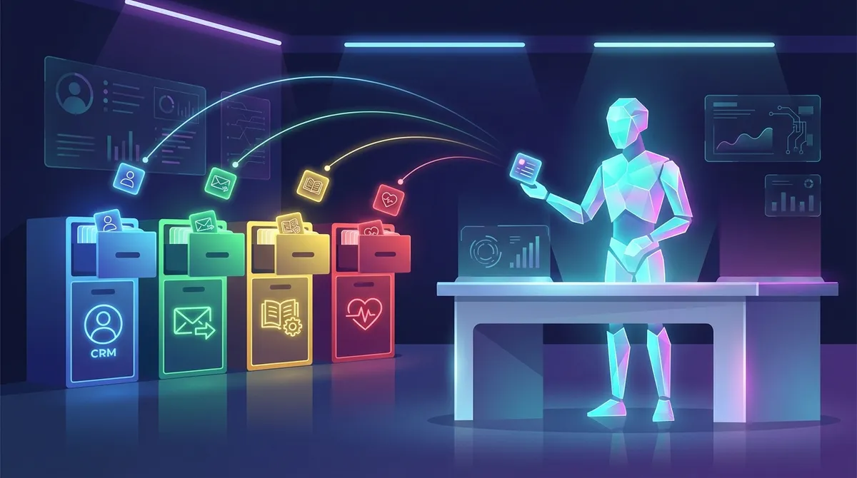 🎨 [ПРОМПТ]: Analytical, precise, pedagogical, structured, professional illustration of an AI agent sorting glowing task cards into labeled filing cabinets representing CRM, email, knowledge base and health data in a neon-lit workspace, 16:9 aspect ratio, no text, no writing, no letters, tech blog cover