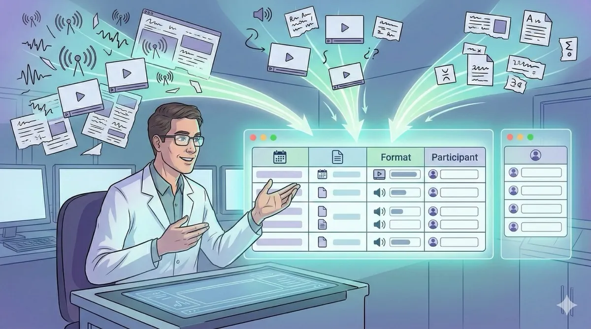 🎨 [ПРОМПТ]: Analytical, precise, pedagogical, structured, professional illustration of a researcher discovering scattered interview fragments across the web — radio waves, video thumbnails, text clippings — being pulled into a single glowing Notion database, 16:9 aspect ratio, no text, no writing, no letters, tech blog cover