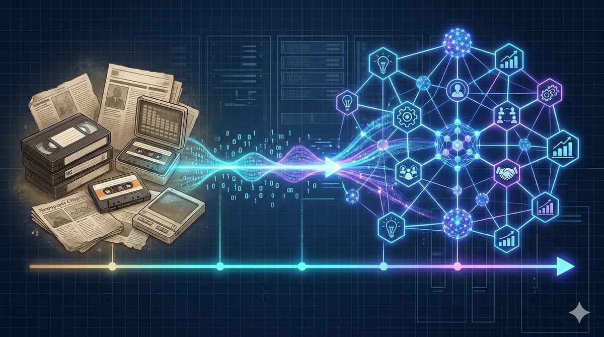 🎨 [ПРОМПТ]: Analytical, precise, pedagogical, structured, professional illustration of a public figure's decades-long interview archive transformed into a glowing AI knowledge base, timeline stretching from 1992 to present day with interconnected memories and insights flowing between nodes, 16:9 aspect ratio, no text, no writing, no letters, tech blog cover