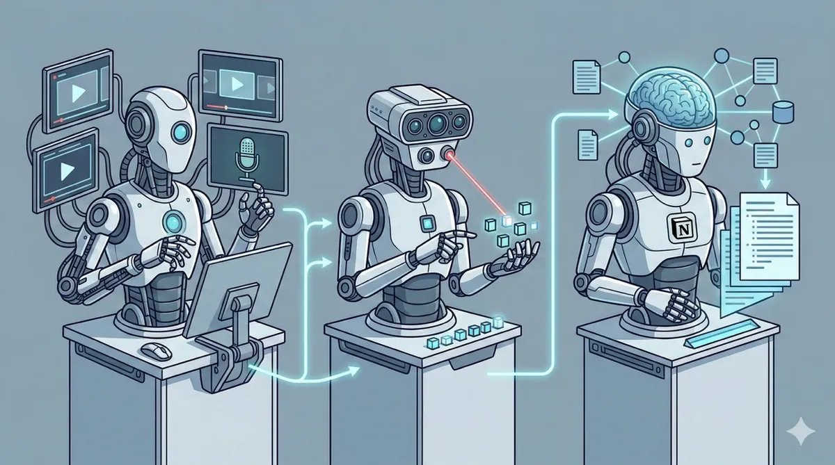 🎨 [ПРОМПТ]: Analytical, precise, pedagogical, structured, professional illustration of three Notion AI agents as distinct robotic workstations — one editing transcripts, one extracting bright quotes, one generating summaries — connected by glowing relation arrows in a database pipeline, 16:9 aspect ratio, no text, no writing, no letters, tech blog cover