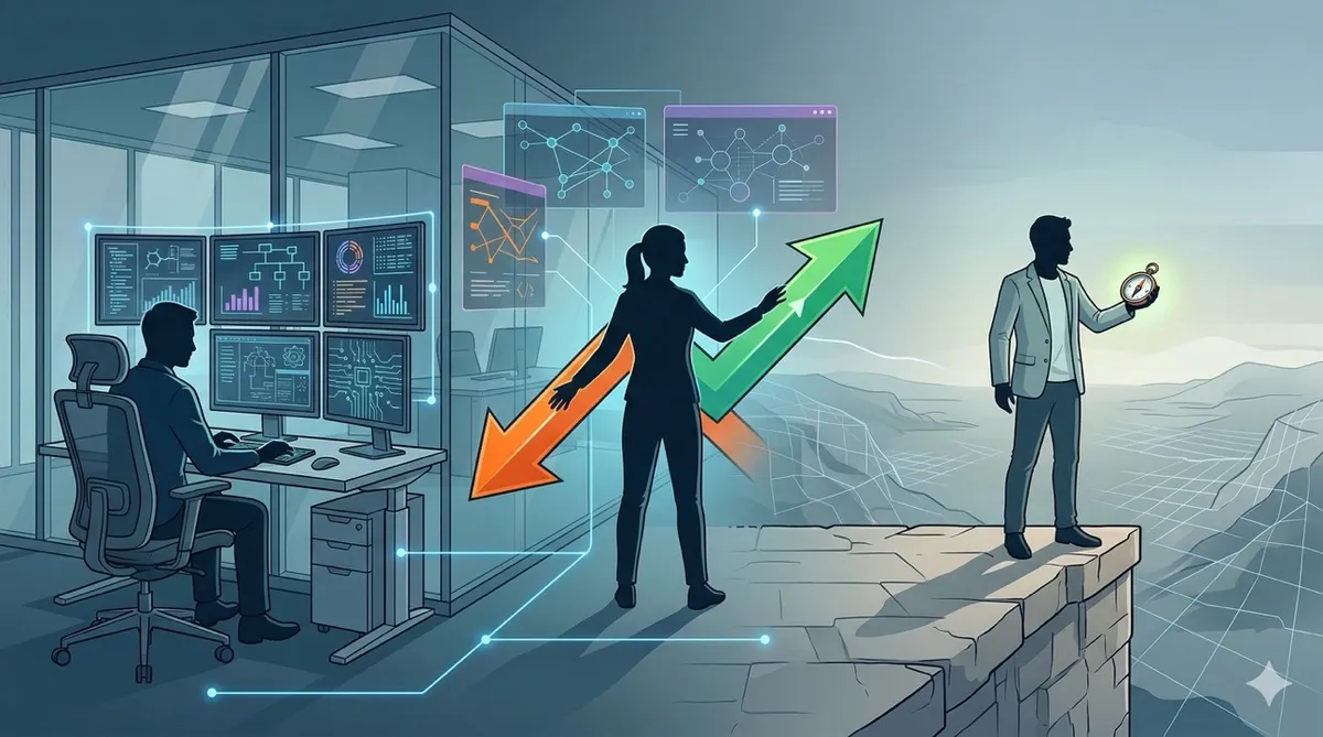 🎨 [ПРОМПТ]: Analytical, precise, pedagogical, structured, professional illustration of three human silhouettes in distinct roles: one auditing data on screens, one mediating between two conflicting arrows, one standing at the edge of an unmapped territory with a compass, 16:9 aspect ratio, no text, no writing, no letters, tech blog cover