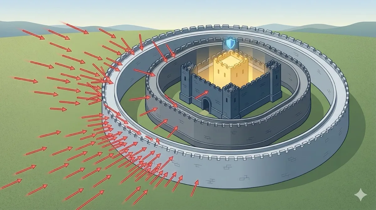 🎨 [ПРОМПТ]: Analytical, precise, pedagogical, structured, professional illustration  art of a layered defense system like a castle with three walls — outer wall catching most arrows, middle wall catching some, inner wall catching the last few, 16:9 aspect ratio, no text, no writing, no letters, tech blog cover