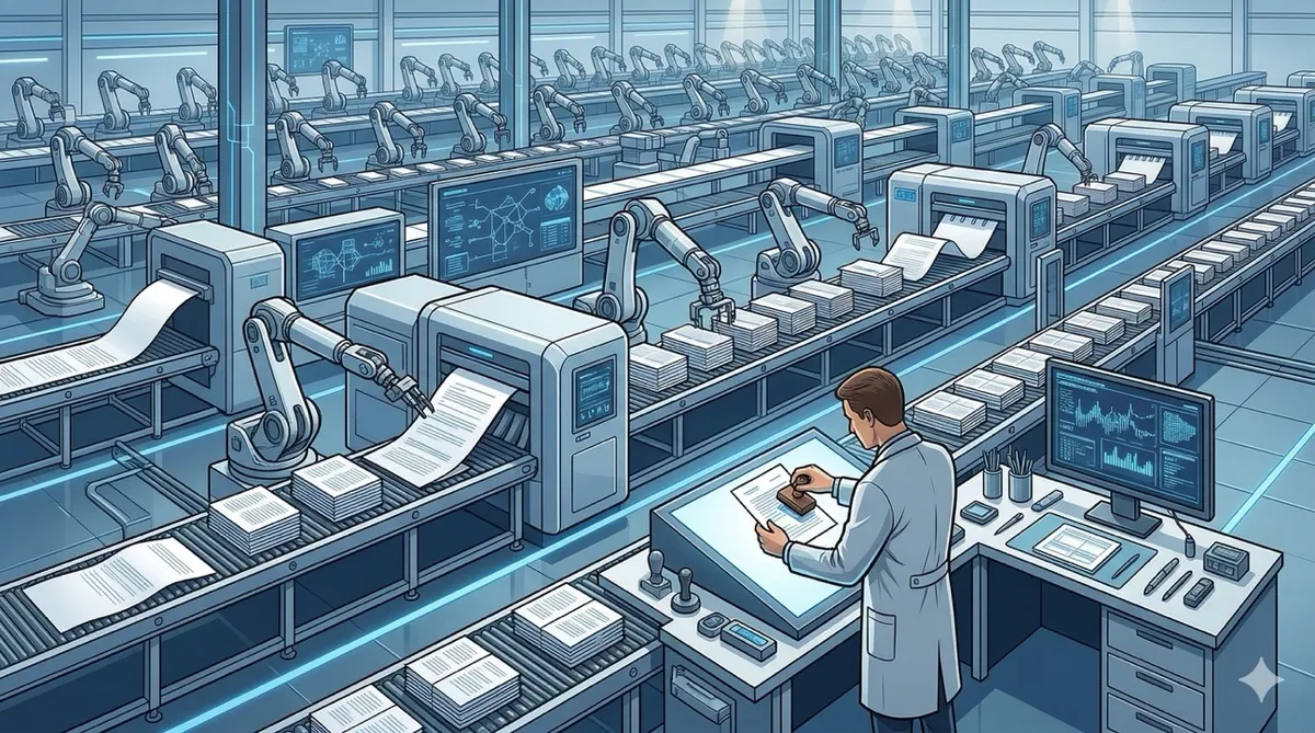 🎨 [ПРОМПТ]: Analytical, precise, pedagogical, structured, professional illustration of a vast automated factory with AI robots producing infinite identical documents, while a single human figure carefully examines and stamps one of them, 16:9 aspect ratio, no text, no writing, no letters, tech blog cover