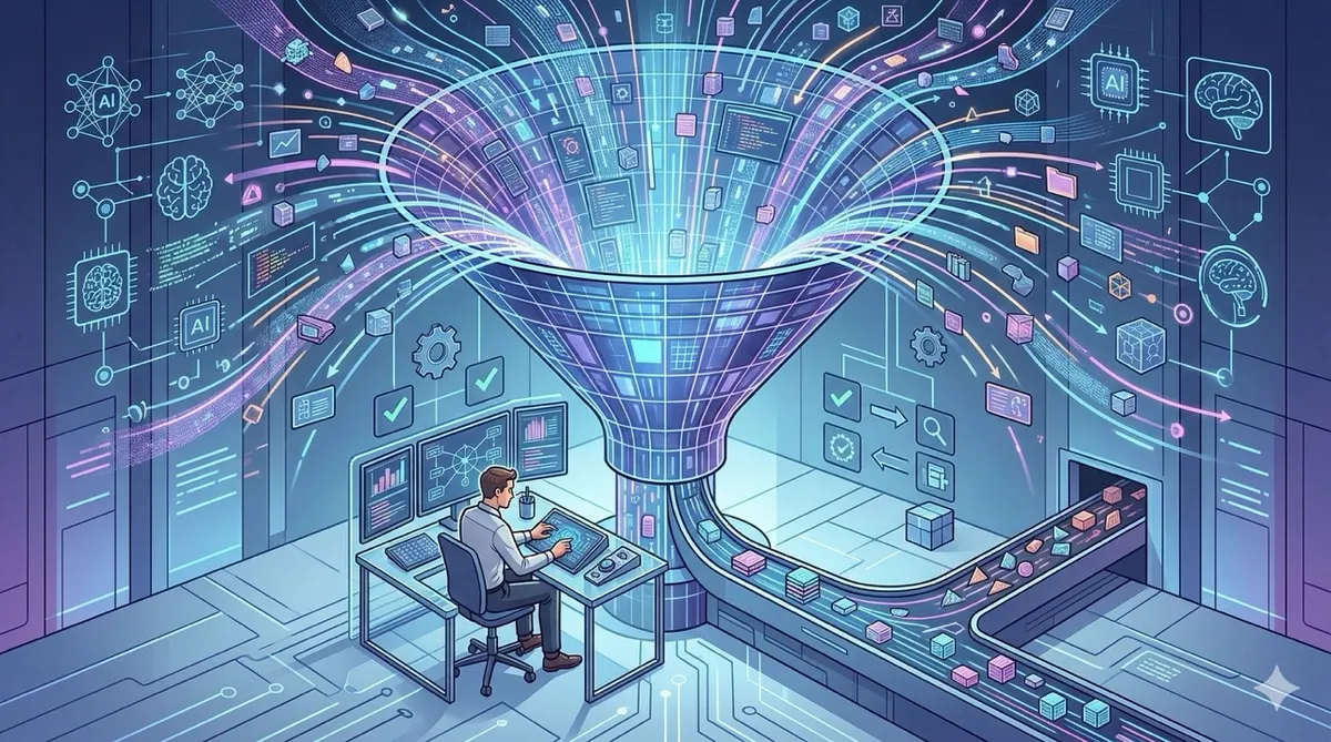🎨 [ПРОМПТ]: Analytical, precise, pedagogical, structured, professional illustration of a bottleneck funnel with infinite data streams flowing in from AI systems and a focused human inspector carefully filtering outputs at the narrow end, 16:9 aspect ratio, no text, no writing, no letters, tech blog cover