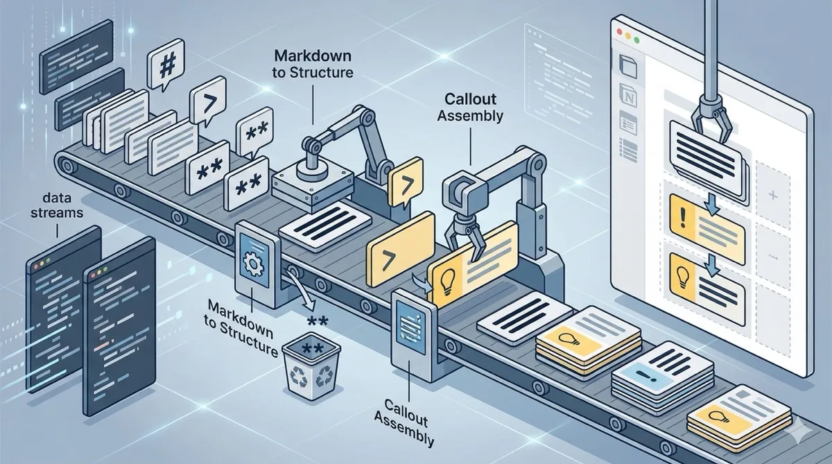 🎨 [ПРОМПТ]: Analytical, precise, pedagogical, structured, professional illustration of raw markdown turning into clean rich text cards inside a Notion page, bold and callout blocks snapping into place like a UI assembly line, 16:9 aspect ratio, no text, no writing, no letters, tech blog cover