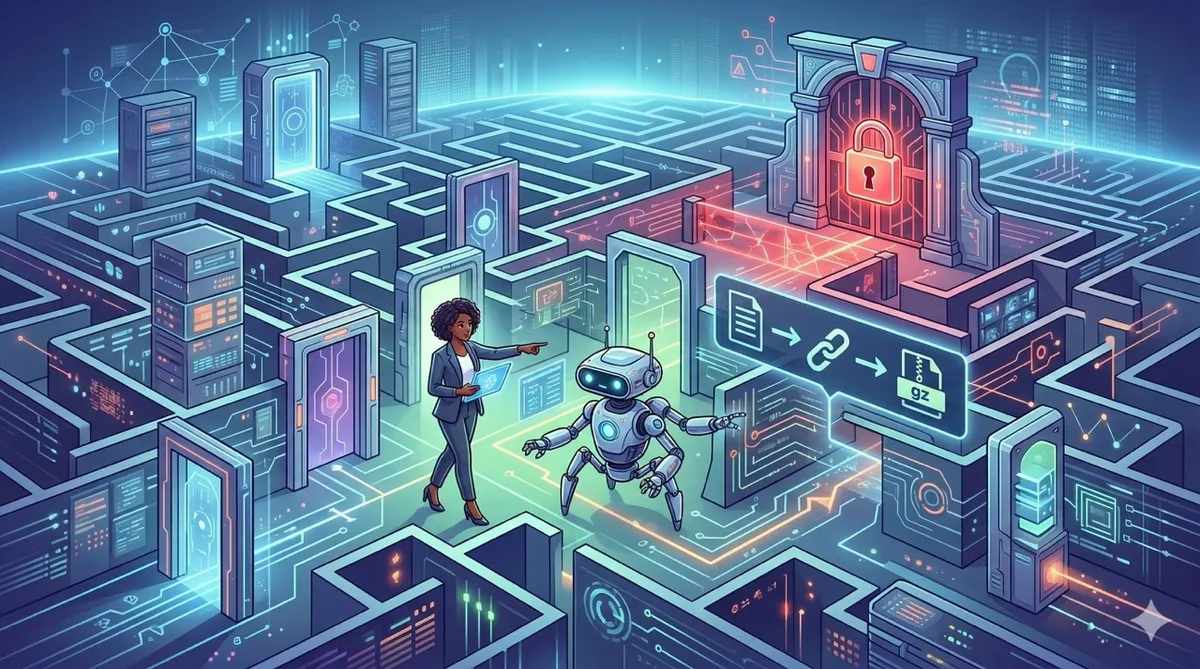🎨 [ПРОМПТ]: Analytical, precise, pedagogical, structured, professional illustration of a labyrinth of API endpoints with one “official” door locked and a hidden side door labeled content_list → data_link → .gz, a consultant and an AI agent navigating the maze, 16:9 aspect ratio, no text, no writing, no letters, tech blog cover