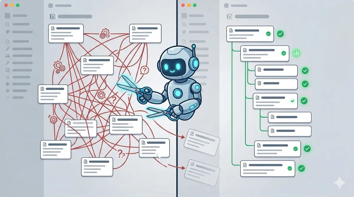 🎨 [ПРОМПТ]: Analytical, precise, pedagogical, structured, professional illustration of two conflicting data models inside a Notion database: messy relation lines vs clean parent/sub-item hierarchy, an AI agent cutting away legacy branches to reveal a clear structure, 16:9 aspect ratio, no text, no writing, no letters, tech blog cover