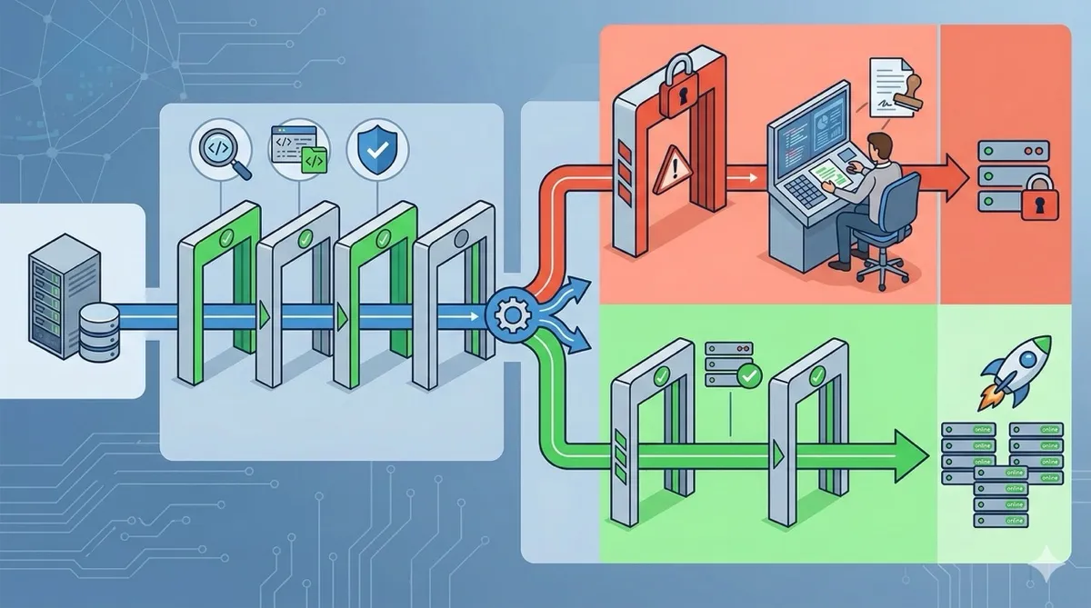 🎨 [ПРОМПТ]: Analytical, precise, pedagogical, structured, professional illustration of a layered security gate system with clear green and red zones separating safe automated actions from high-risk operations requiring human approval, 16:9 aspect ratio, no text, no writing, no letters, tech blog cover