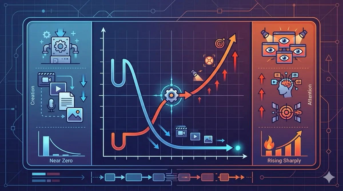 🎨 [ПРОМПТ]: Analytical, precise, pedagogical, structured, professional illustration of a cost curve chart where the marginal cost of content creation drops to near zero, while the attention cost rises sharply, 16:9 aspect ratio, no text, no writing, no letters, tech blog cover