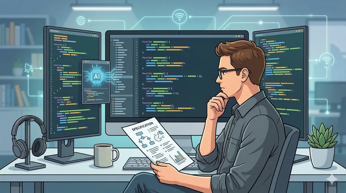 🎨 [ПРОМПТ]: Analytical, precise, pedagogical, structured, professional illustration of a software engineer sitting at a desk watching AI code streaming across multiple screens while the engineer holds a specification document instead of a keyboard, 16:9 aspect ratio, no text, no writing, no letters, tech blog cover