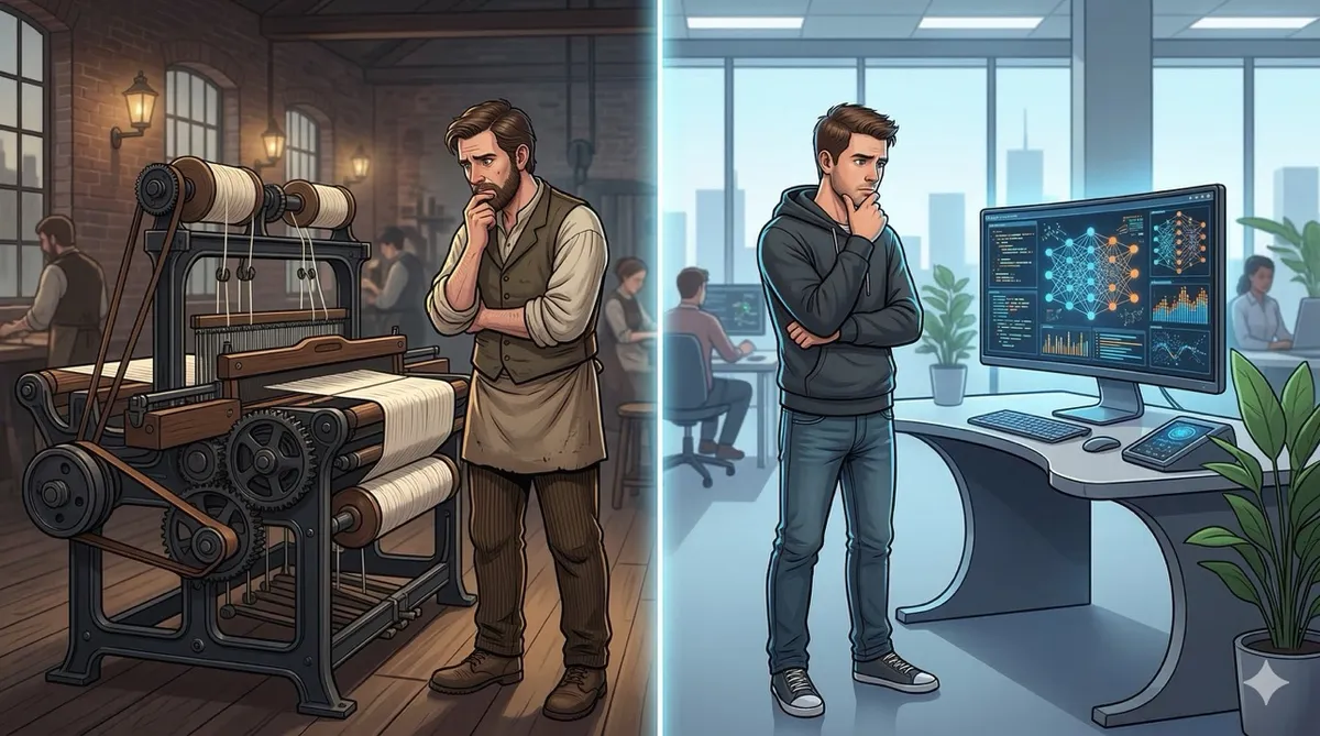 🎨 [ПРОМПТ]: Analytical, precise, pedagogical, structured, professional illustration of a 19th century Nottinghamshire weaver standing beside a power loom contrasted with a modern developer standing beside an AI terminal, both looking at their machines with the same expression of existential uncertainty, 16:9 aspect ratio, no text, no writing, no letters, tech blog cover