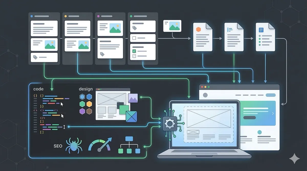 🎨 [ПРОМПТ]: Analytical, precise, pedagogical, structured, professional illustration of two parallel layers — a content layer with Notion-style cards and documents flowing into a product layer showing a website being rebuilt in real-time with code, design and SEO elements syncing together, 16:9 aspect ratio, no text, no writing, no letters, tech blog cover