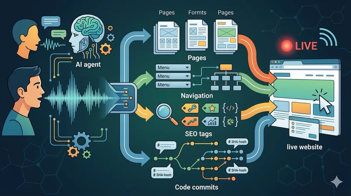 🎨 [ПРОМПТ]: Analytical, precise, pedagogical, structured, professional illustration of a voice waveform transforming into website elements — pages, navigation, SEO tags, code commits and a live website emerging from a conversation between a person and an AI agent, 16:9 aspect ratio, no text, no writing, no letters, tech blog cover