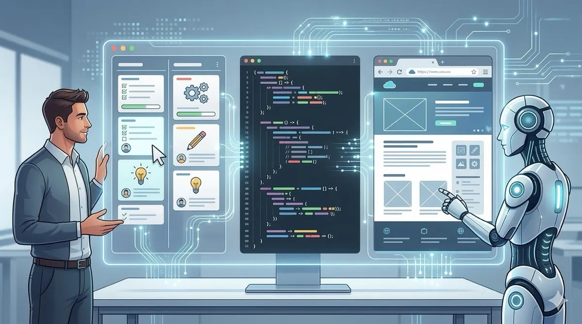 🎨 [ПРОМПТ]: Analytical, precise, pedagogical, structured, professional illustration of a man and an AI agent collaborating on a website through a single unified workflow panel with Notion cards, code editor, and a live site preview connected by flowing data streams, 16:9 aspect ratio, no text, no writing, no letters, tech blog cover