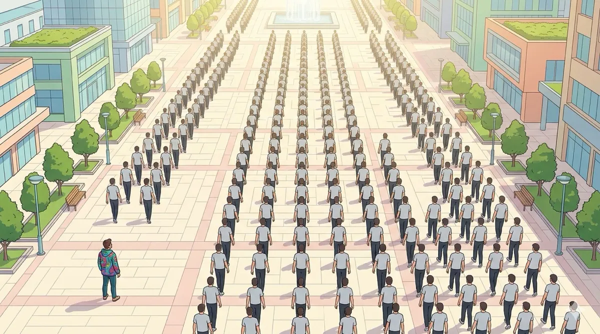 🎨 [ПРОМПТ]: Analytical, precise, pedagogical, structured, professional illustration of a bright sunlit plaza seen from above, hundreds of people in identical light-grey t-shirts walking in neat rows, one person in the corner wearing a vivid hand-painted jacket standing out, warm daylight, soft shadows, airy pastel tones, 16:9 aspect ratio, no text, no writing, no letters, tech blog cover