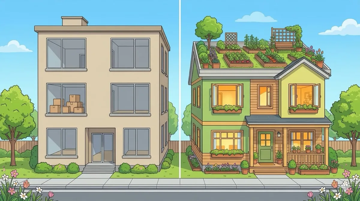 🎨 [ПРОМПТ]: Analytical, precise, pedagogical, structured, professional illustration of a bright spring street with two houses side by side, left — a plain rental apartment with cardboard boxes and a bare interior visible through the window, right — a cozy custom-built home with a rooftop garden, open windows, warm light pouring out, cheerful green and yellow tones, clear blue sky, 16:9 aspect ratio, no text, no writing, no letters, tech blog cover