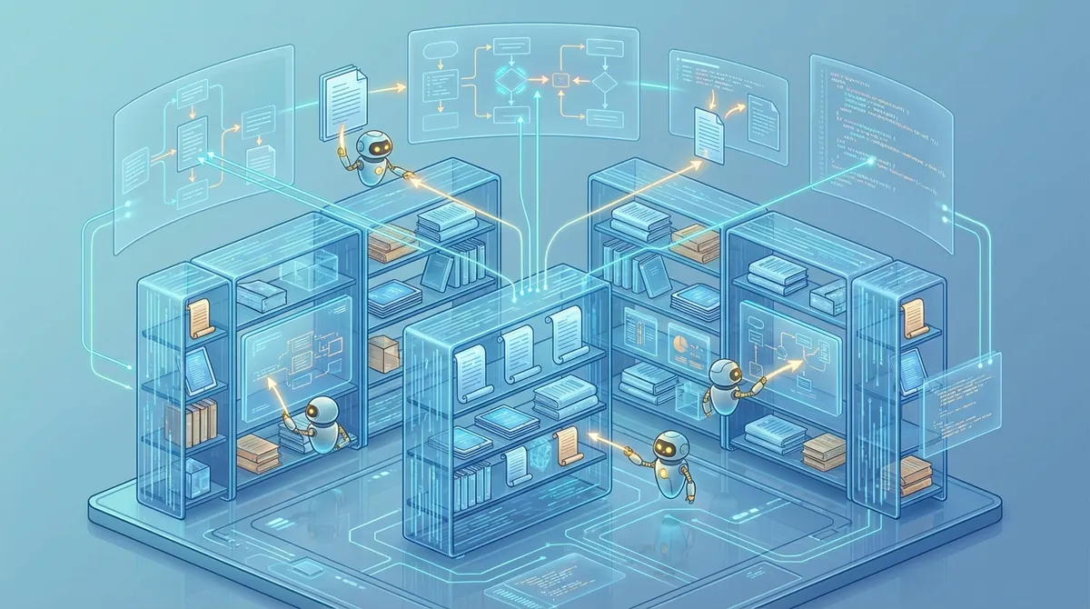 🎨 [ПРОМПТ]: Analytical, precise, pedagogical, structured, professional illustration of a well-organized digital library with interconnected documents, flowcharts and system maps being automatically maintained by small AI helper robots, 16:9 aspect ratio, no text, no writing, no letters, tech blog cover