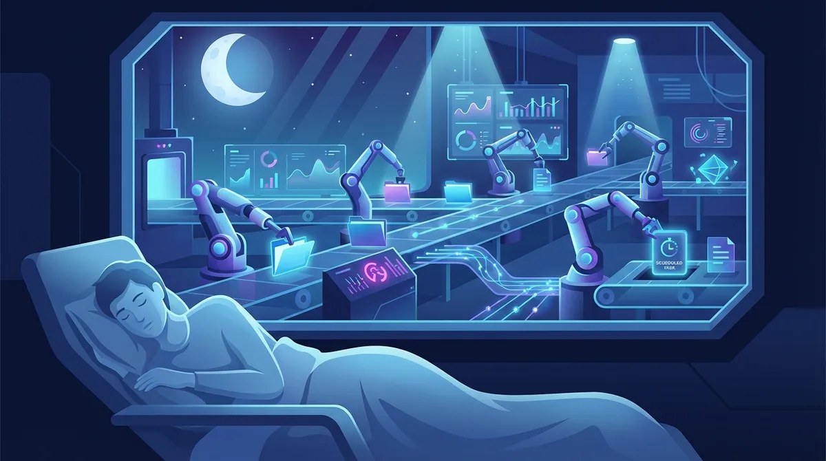 🎨 [ПРОМПТ]: Analytical, precise, pedagogical, structured, professional illustration of a sleeping person while autonomous AI agents perform scheduled tasks in the background like factory robots working a night shift, moonlit digital workspace, 16:9 aspect ratio, no text, no writing, no letters, tech blog cover