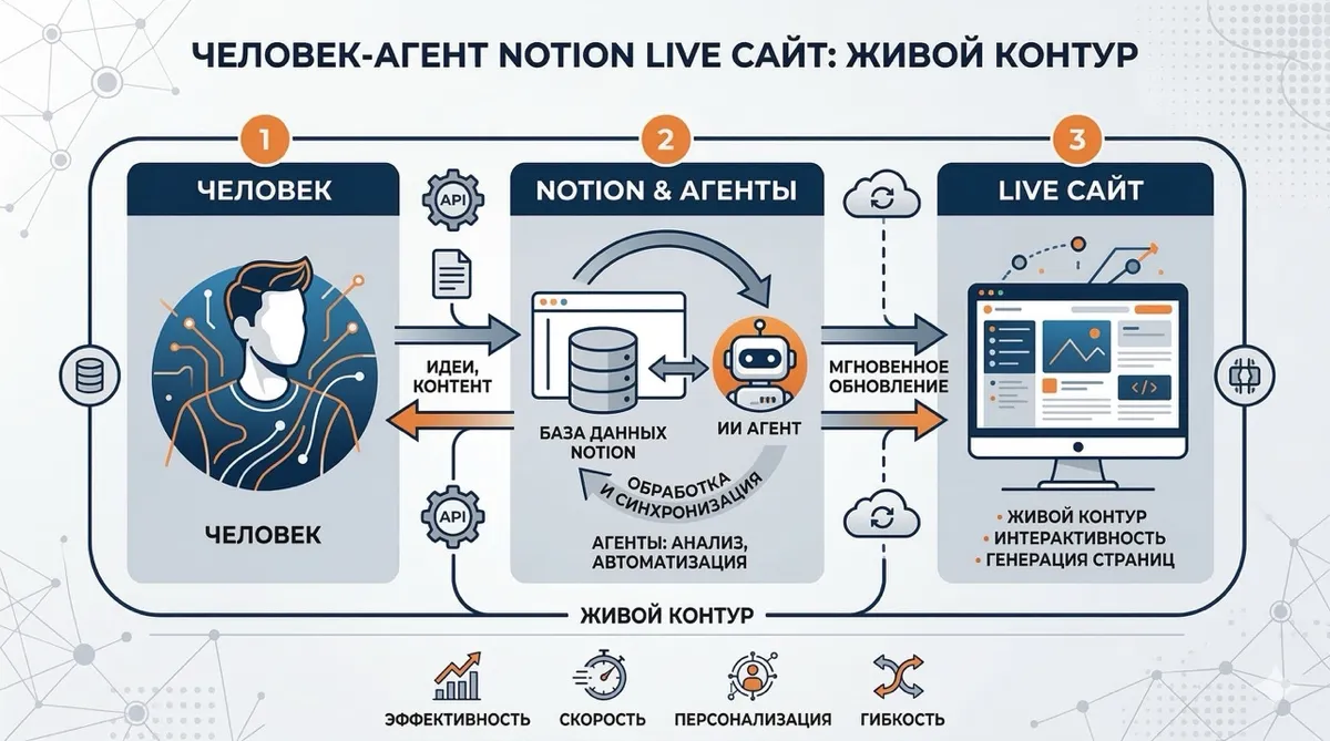 Как сайт становится живым контуром: человек, агент, Notion и live-сайт